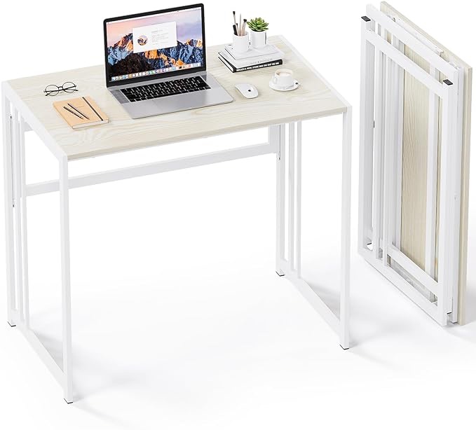 Gezen Folding Desk 32'' Computer Desk No Assembly Required Foldable Table Space Saving Writing Workstation for Home Office (Beige, White)