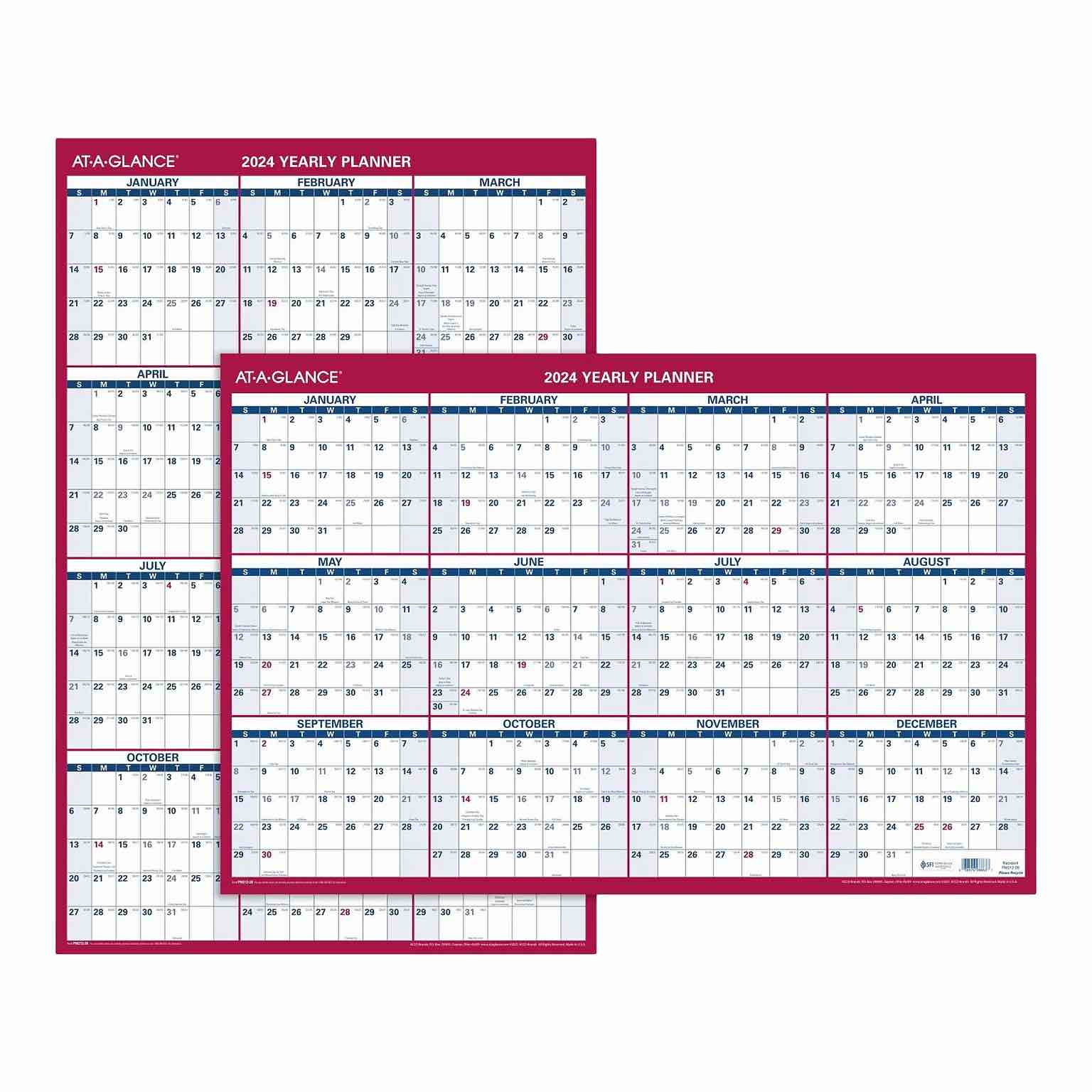 2024 AT-A-GLANCE® Vertical/Horizontal Reversible Erasable Yearly Wall Calendar, 36" x 24", Red, January to December 2024, A1102