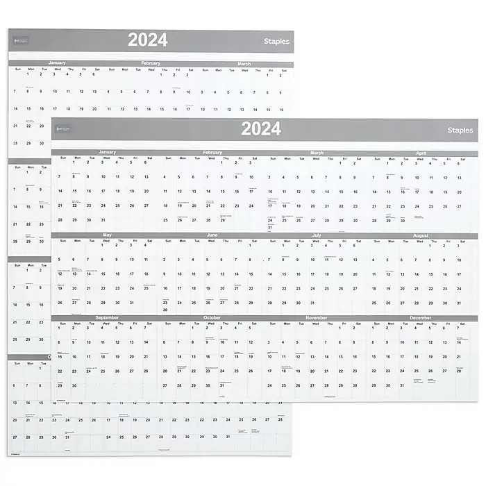 2024 Staples 48" x 32" Dry Erase Wall Calendar, Gray/White 