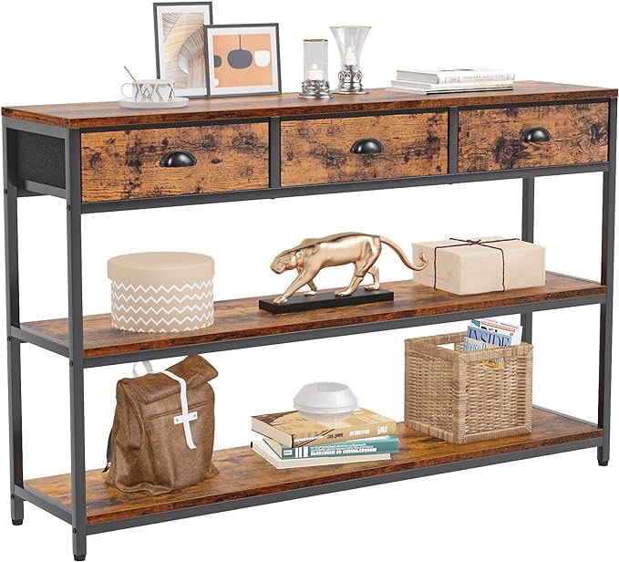 Long 47" Console Table with 3 Drawers, Entryway Table with 3-Tier Storage Shelves, Narrow Sofa Table, Industrial Display Shelf for Entry Way, Hallway, Couch, Living Room, Kitchen, Foyer, Rustic Brown