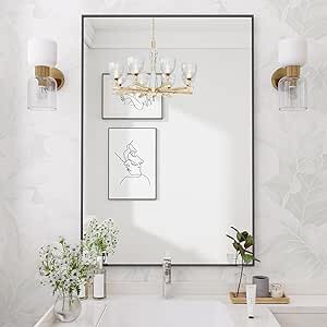 Koonmi 30"x20" Wall Mirror Black Rectangular Wall-Mounted Mirror for Bathroom with Aluminum Alloy Frame Bathroom Mirror Hangs Horizontal or Vertical Ideal for Bedroom Living Room