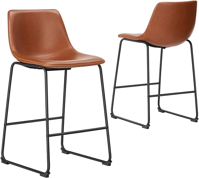 Sweetcrispy Counter Height Bar Stools Set of 2, Modern Counter Stool Faux Leather Barstools with Back, 26 inch Seat Height Island Stools Countertop Comfortable Brown Bar Chairs with Metal Legs