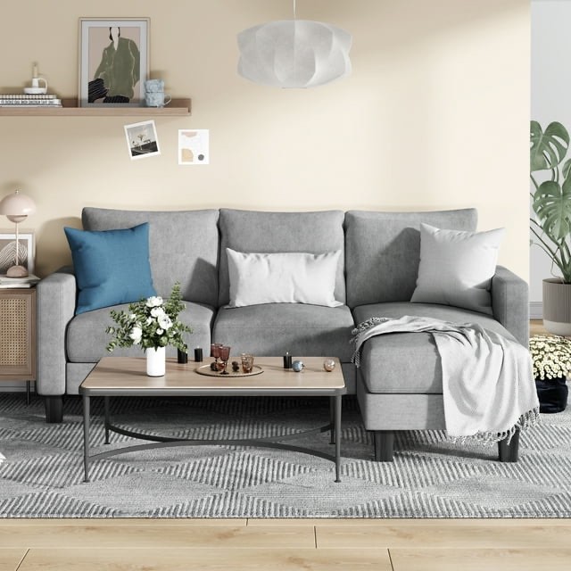 Homall Convertible Sectional Sofa Couch, Modern Linen Fabric L-Shaped Couch 3-Seat Sofa Sectional with Reversible Chaise for Small Living Room, Apartment and Small Space, Light Gray