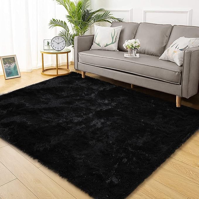 COZYLOOM Modern Shag Area Rug, Ultra Soft Fluffy Shag Rug, 8 x 10 Feet Black Thick Plush Non-Shedding Shaggy Rug for Living Room, Bedroom, Kids Baby Room, Dining Room Entryway Throw Rug Carpet