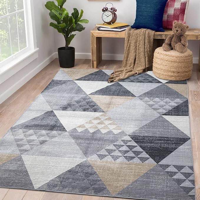Fashionwu Washable Area Rug Modern Geometric Area Rug Soft Velvet Faux Cashmere Rug Triangle Farmhouse Area Rug for Living Room Bedroom Home Office, Grey