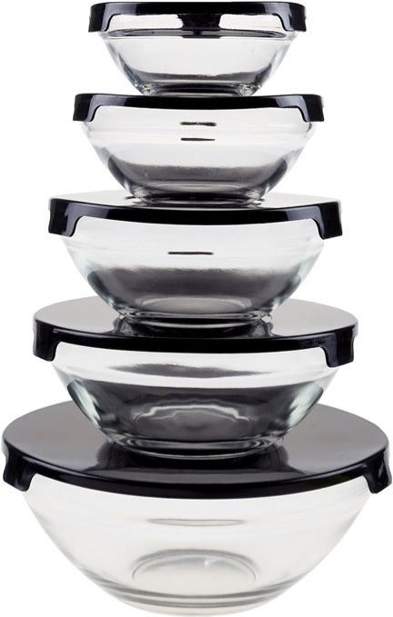 Chef Buddy Glass Food Storage Containers with Snap Lids- 5  Piece Set with Multiple Bowl Sizes for Storage, Meal Prep, Mixing and Serving (Black)