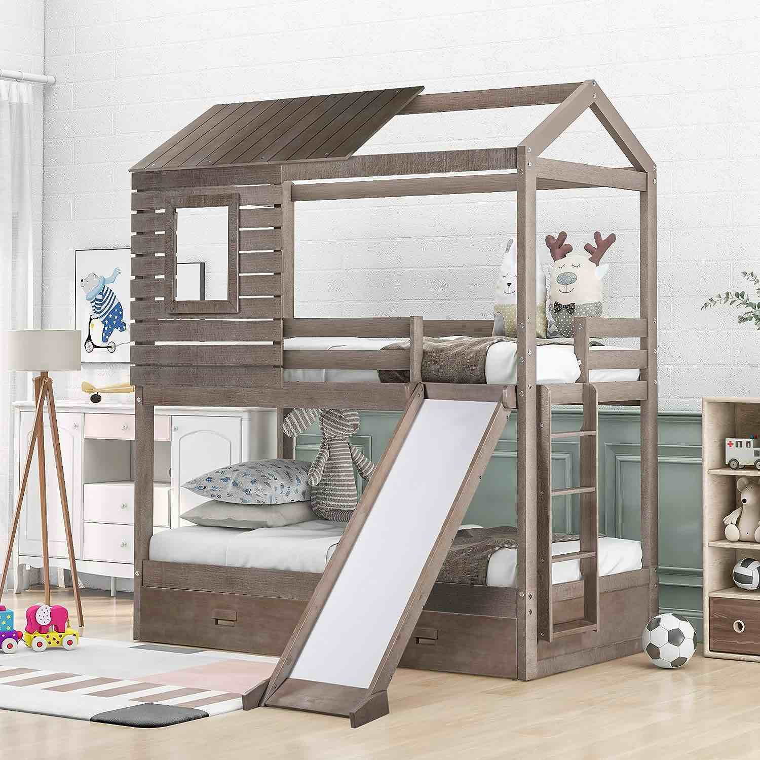 Twin Over Twin House Bunk Bed with Storage Drawers and Slide *incomplete,box 2/3 only*