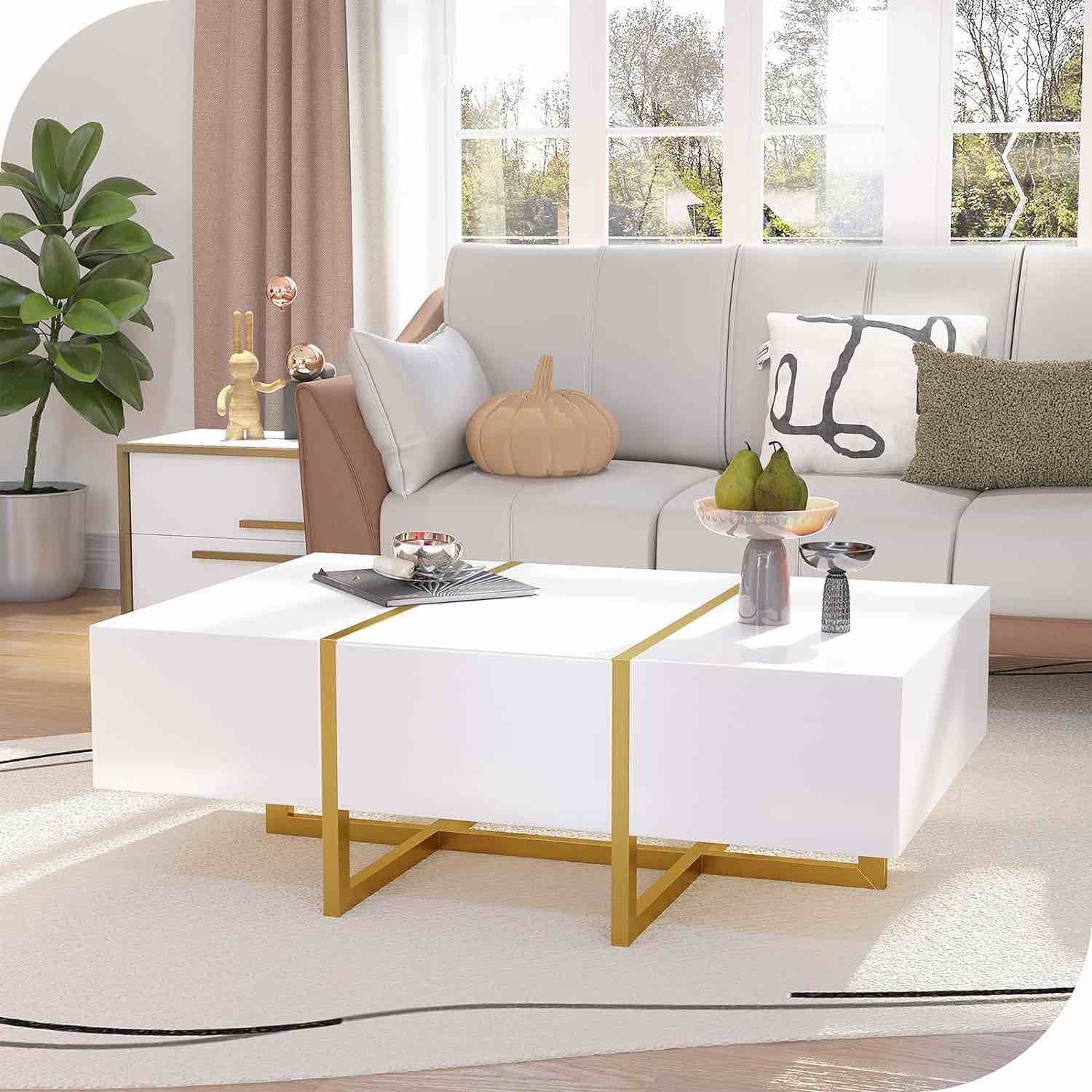 HERNEST Modern Coffee Table with Storage for Living Room Wood White and Gold H100435-W