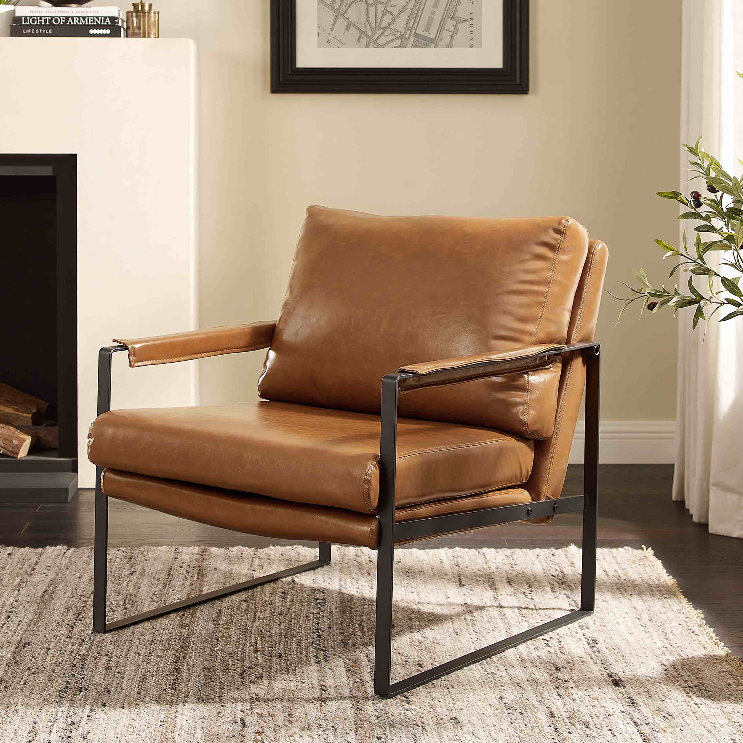 Art Leon Mid Century Modern Accent Chair, Faux Leather Armchair SC037-1-BR (similar to stock photo)