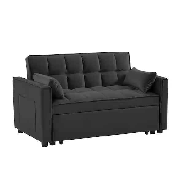 55.2 in. Width Black Velvet Twin Sofa Bed with Adjustable Backrest