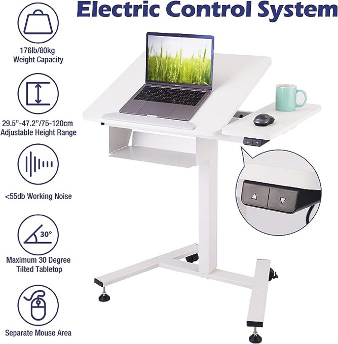 TOPSKY Electric Height Adjustable Standing Laptop Study Desk with Tilting Board and Wheels for Home Office Use (White)
