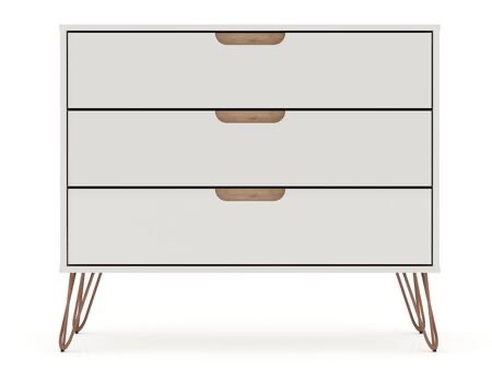 Rockefeller Collection 103GMC3 Dresser with 3 Drawers, Wire Splayed Legs, Cut-Out Edge Handle, Mid-Century Modern Style and Wood Frame in Matte Off White and Nature Finish