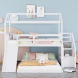 CLFHome Twin over Full House Bunk Bed with Convertible Slide and Storage Staircase,Full-Length Guardrail,