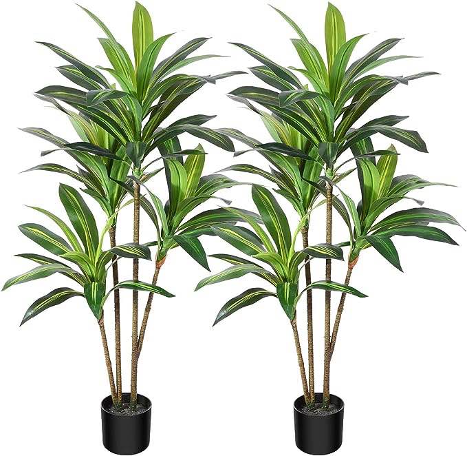 OAKRED Artificial Dracaena Tree, 4FT Tall Fake Plants Artificial Dracaena Plants for Indoor, Fake Trees for Office Home Living Room Floor Patio Greening Porch Decor, Set of 2