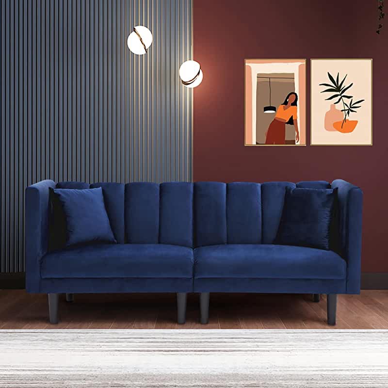 LCH Futon Bed Convertible Velvet, Modern Sleeper Sofa with 2 Pillows, 3 Adjustable Angles for Backrest,Living Room Couch with 7 Sturdy Metal Legs,Upholstered Loveseat for Home,Office,Navy Blue ((Box 1 Of 2 ))