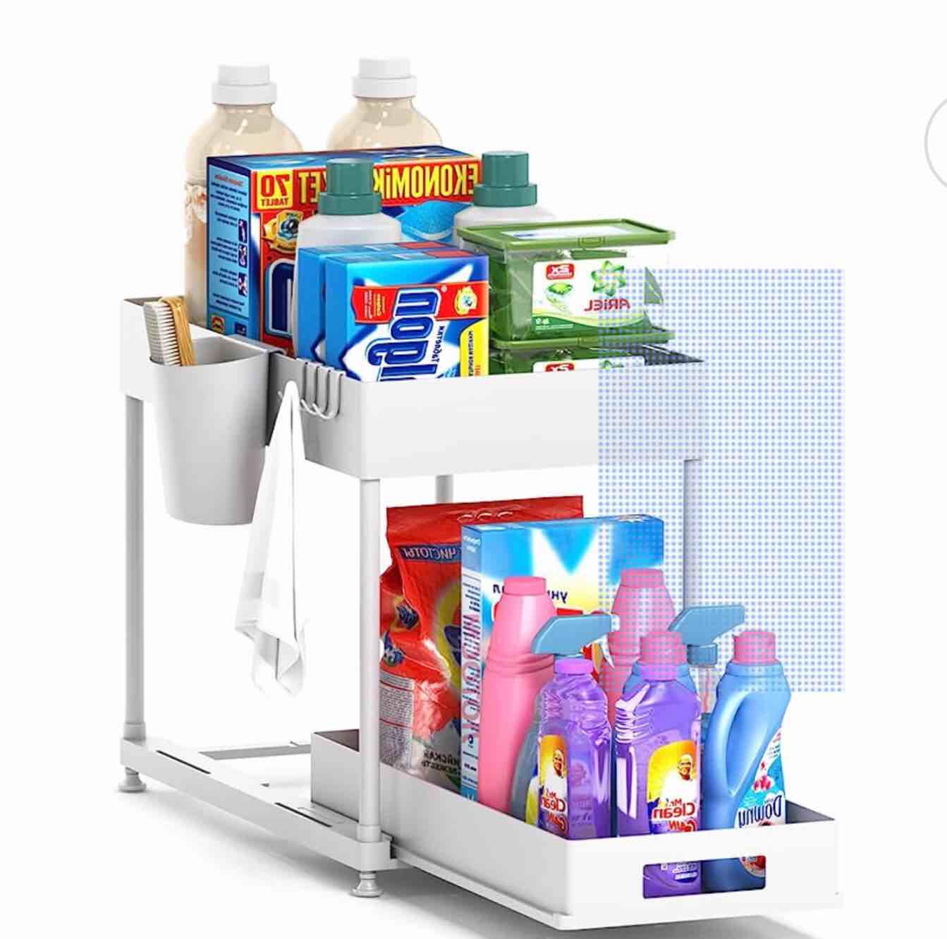 NYYTGE Under Sink Organizer Under Bathroom Cabinet Storage 2 Tier Storage Rack with 4 Hooks, Under Cabinet Organizer Baskets, Multi-purpose Under Sink Shelf Organizer for Bathroom Kitchen