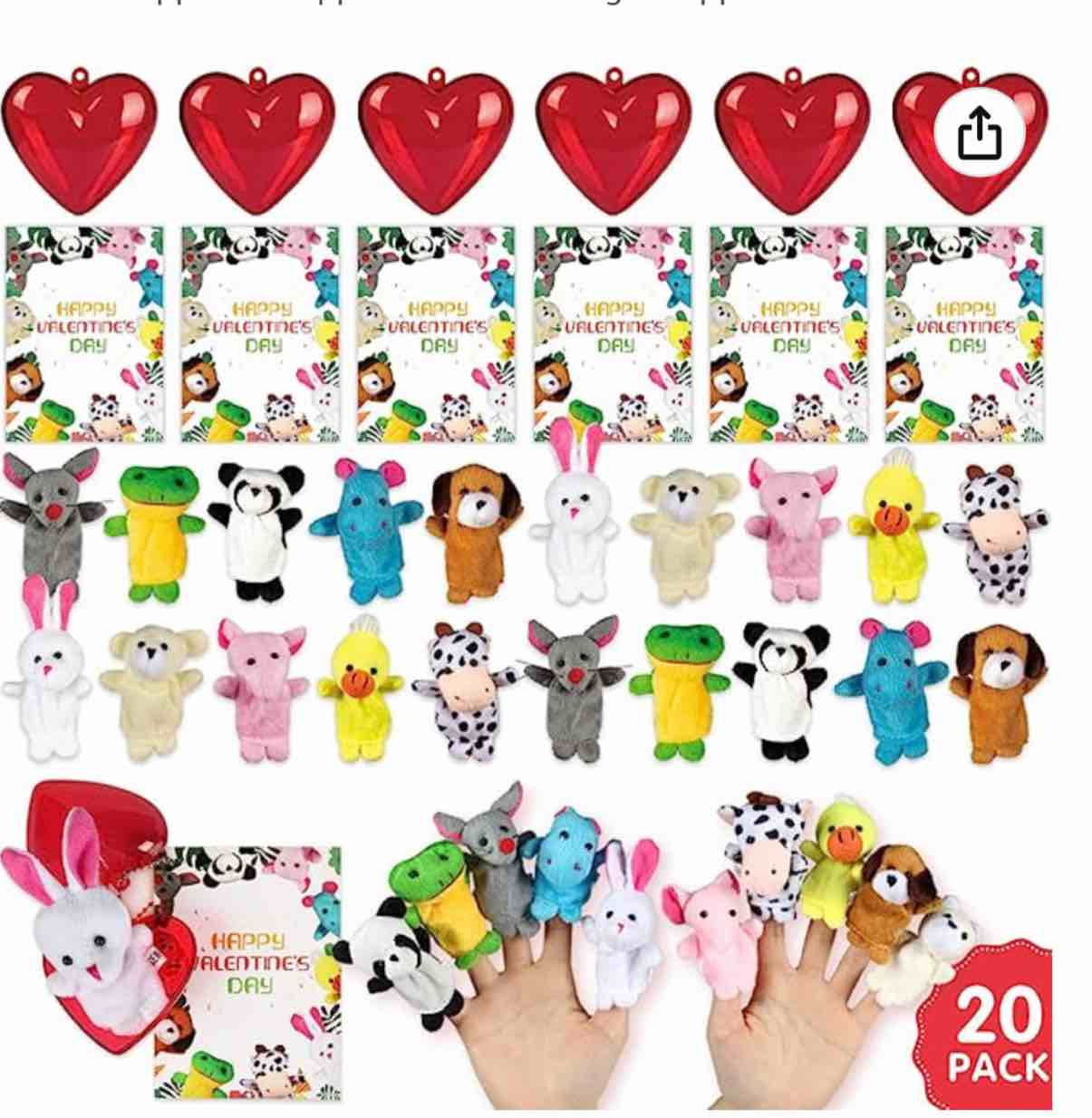 Valentines Day Cards for Kids Classroom - Valentines Day Gifts for Kids School - 20 Animal Finger Puppet and Heart Box with Cards, Valentine Exchange for Girls Boys School Class Classroom
