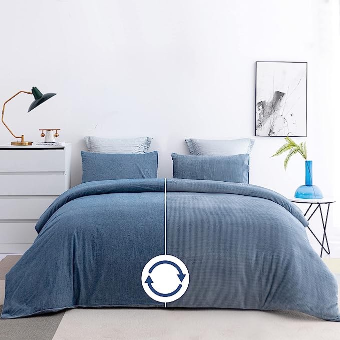 WARFFET Reversible Duvet Cover Set King, Wash Cotton Plush Flannel Comforter Cover Set for All Seasons,3 Pieces Zippered Bedding Set with 8 Corner Ties(1 Duvet Cover+2 Pillowcases)