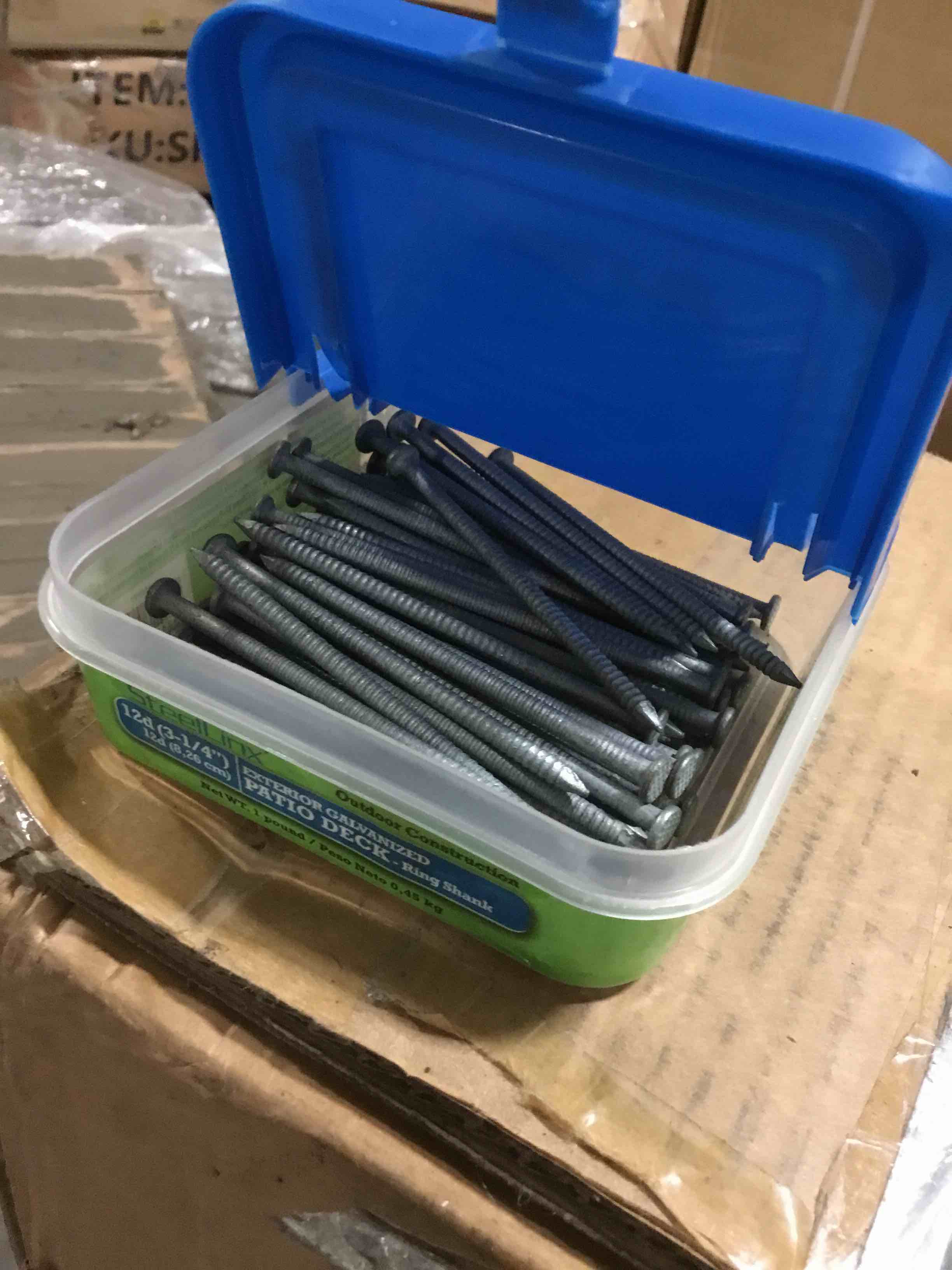 PALLET OF steelinx galvanized patio deck nails( 3-1/4”) (300 boxes 1 pound each)