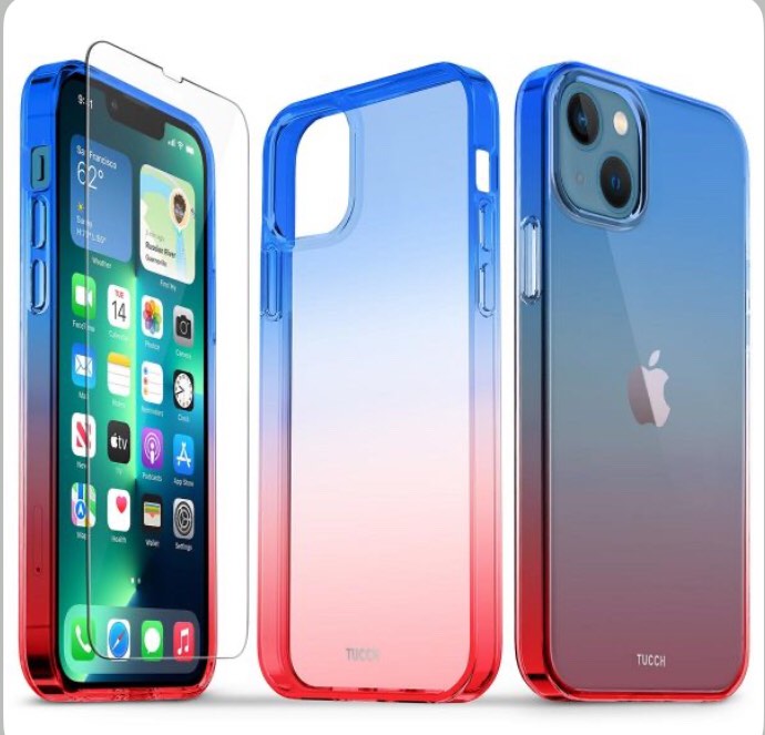 TUCCH iPhone 13 Clear Case, iPhone 13 TPU Case with Glass Screen Protector Gradient - Blue &amp; Red