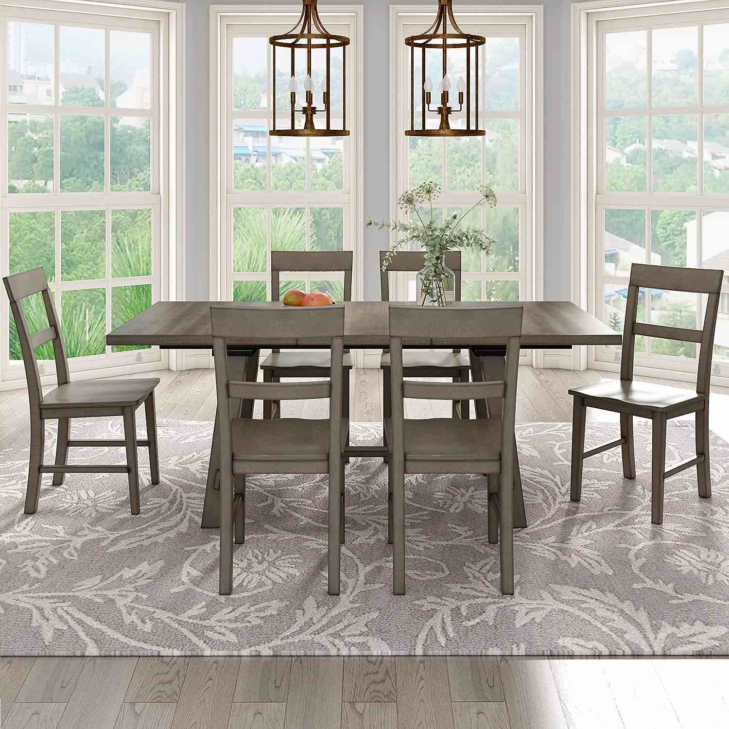 GLORHOME 7 Piece Family Set for 6, Retro Industrial Style Extendable Dining Table with 18â€? Leaf and Six Wood Chairs for Kitchen, Natural Espresso
