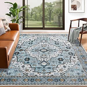 Washable Rug Living Room Rugs: 7x12 Area Rug Large Boho Medallion Distressed Carpets Indoor Soft Floor Anti Slip Carpet for Under Dining Table Bedroom Farmhouse Home Office - Cyan Blue/Beige
