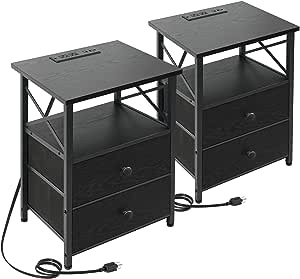 AMHANCIBLE Black Nightstands Set of 2 with Charging Station, End Tables Living Room with 2 USB Ports and 2 Outlets, Side Tables Bedroom with 2 Drawers