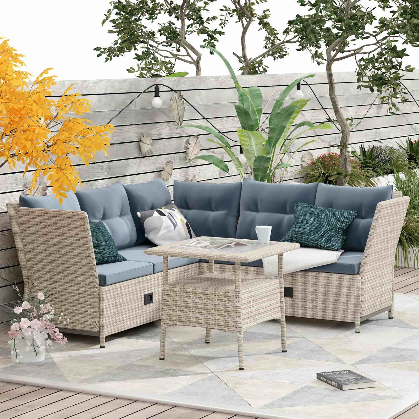 ORIEN HOME  OUTDOOR PATIO 4-PIECE ALL WEATHER PE WICKER RATTAN SOFA SET WITH ADJUSTABLE BACKS FOR BACKYARD, POOLSIDE, GRAY