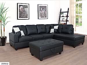 MEGA FURNISHING Sectional Couch, Faux Leather Modular Sectional Sofa Couch Sets with Storage Ottomans and Pillows, L Shaped Convertible Couch with Right Chaise for Living Room Bedroom Apartment, Black