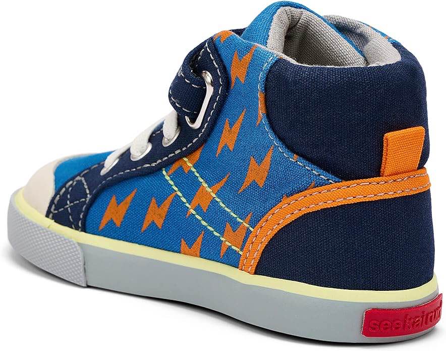 Size 4 see kai run Dane Hi Top Sneaker, Blue/Orange Bolts.