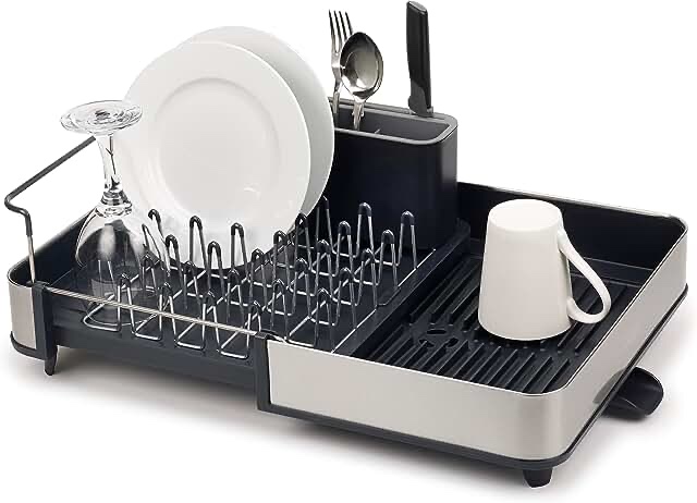 Joseph Joseph Stainless-Steel Extendable Dual Part Dish Rack Non-Scratch and Movable Cutlery Drainer and Drainage Spout, One-size, Gray