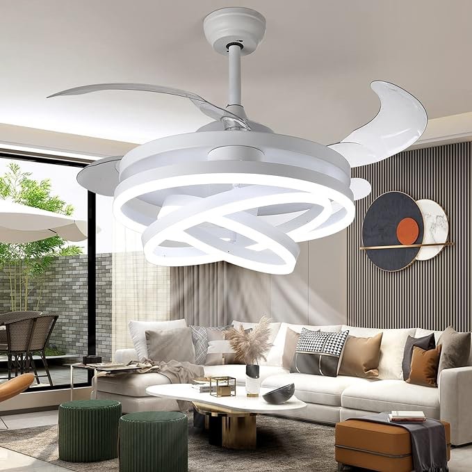 42"Invisible Ceiling Fan Chandelier Light,Modern DIY Ceiling Fan Light Remote Control 4 Retractable ABS Blades for Bedroom Living Dining Room Decoration (42", Gold)