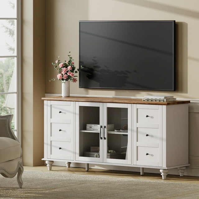 Wampat Farmhouse White Glass&Wood Television Stand for 75 inch TV,Entertainment Center with 4 Storage Cabinets for Living Room