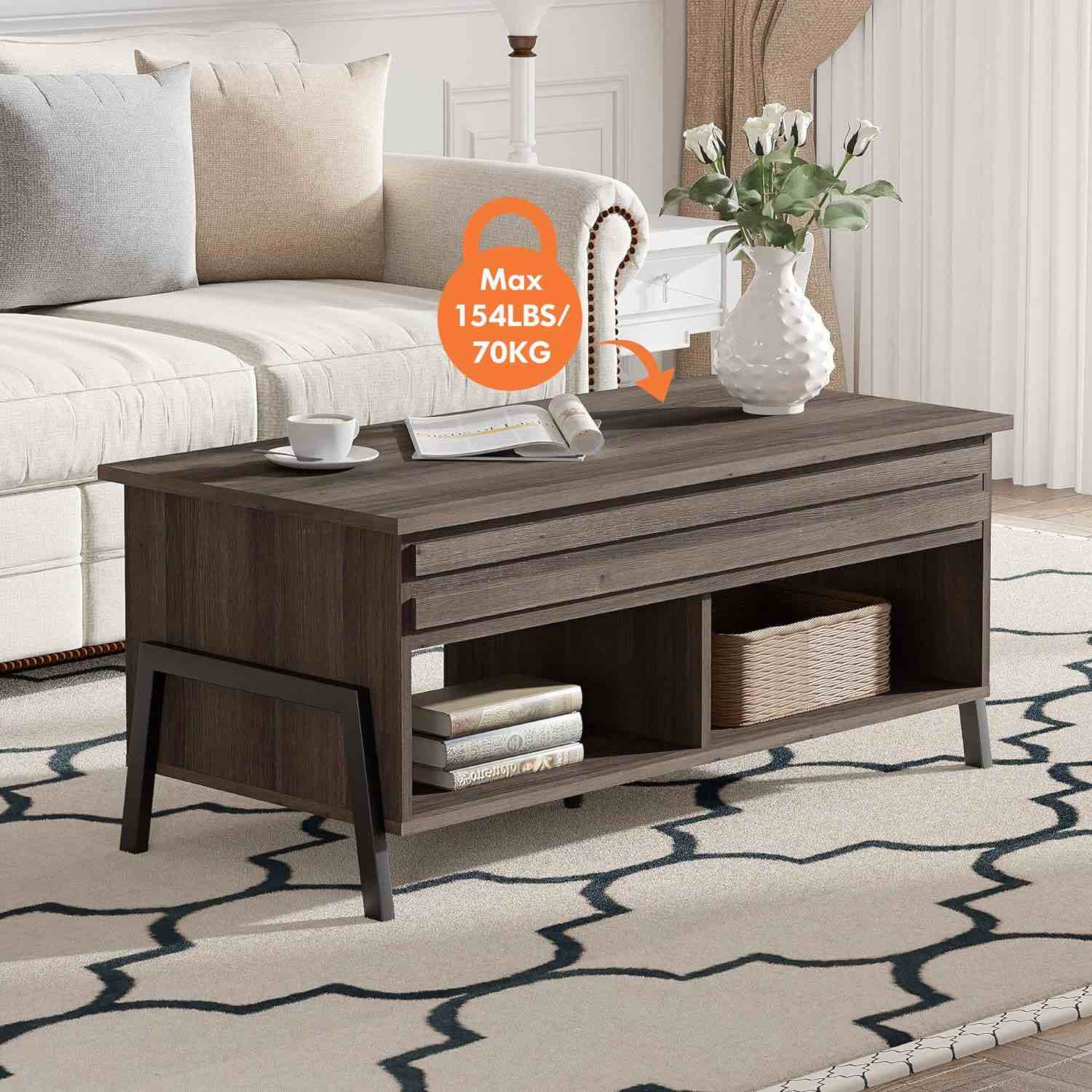 WAMPAT Modern Lift Top Coffee Table with Storage, Wood Living Room Tables with Lift Tabletop in Brown, Mid Century Table for Home Decor, Office, 42 inch