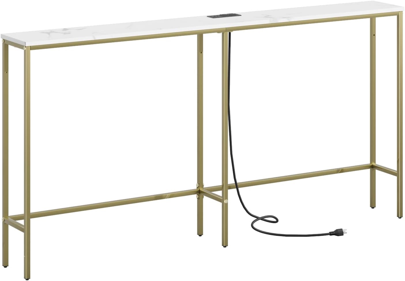 Console Table with Power Outlet,Modern Narrow Long Sofa Table Behind Couch,Skinny Entry Table with Gold Metal Frame for Entryway,Living Room, Hallway,Marble White