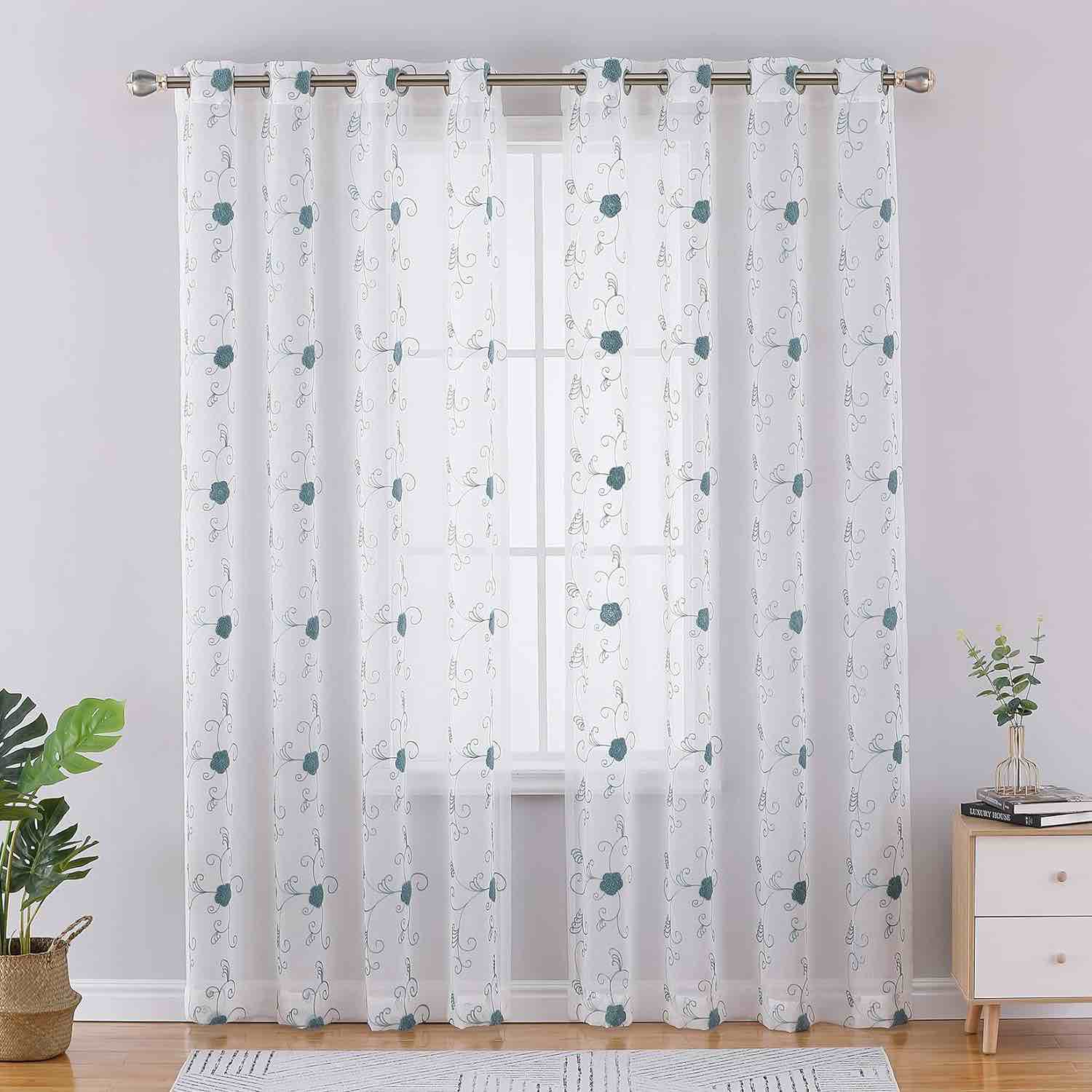 CAROMIO Semi Sheer Curtains 84 Inches Long 2 Panels, Floral Embroidered Half Translucent Grommet Voile Drapes Farmhouse Window Treatments Decor for Living Room, Bedroom, Blue, 52" W x 84" L