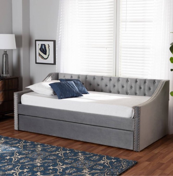 Baxton Studio Raphael Modern Grey Velvet Fabric Twin Size Daybed /w Trundle - Wholesale Interiors CF9228 -Silver Grey Velvet-Daybed-T/T (incomplete) (box 2 only)