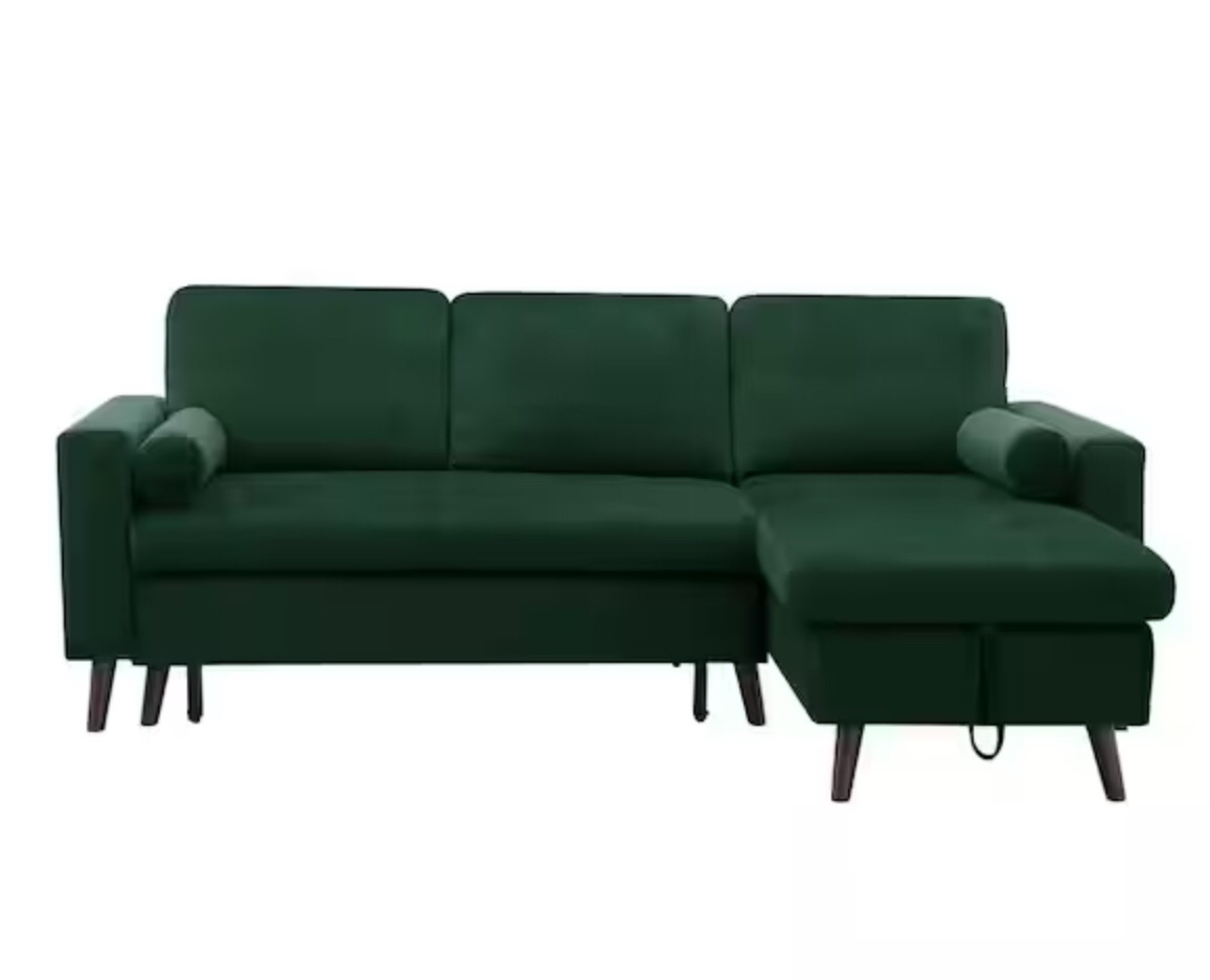 ATHMILE 88 in. W Square Arm Velvet L Shaped Corner Sofa-Bed with Storage in Green (incomplete) (right arm chaise only)