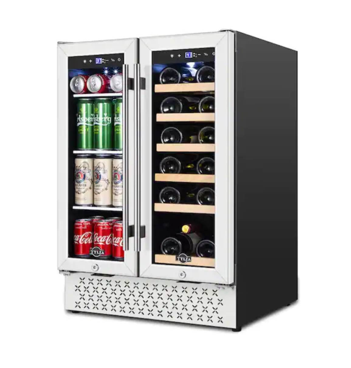 Tylza Dual Zone 24 in. 18-Bottle Wine and 57-Can Built-In and Freestanding Beverage Cooler in Stainless Steel with Safety Lock (right door top hinge broken)