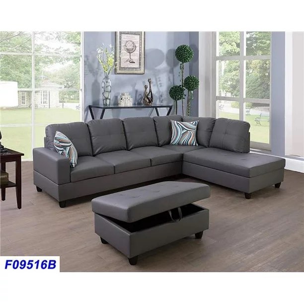 Lifestyle Furniture LSF09516B 3 Piece Right Facing Sectional Sofa Set with Ottoman, Faux Leather - Dark Grey (incomplete) (right arm chaise only)