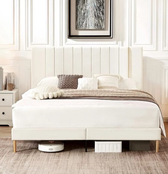 Flolinda Full Bed Frame with Velvet Upholstered Vertical Channel Tufted Whole Headboard, No Box Spring Needed/Easy Assembly, Off White(incomplete box 2/2)