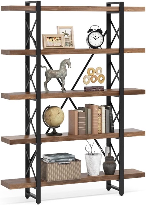 LITTLE TREE 5 Tier Bookcase, Solid Wood 5-Shelf Industrial Style Bookcases and Book Shelves, Metal and Wood Free Vintage Bookshelf (Wood)