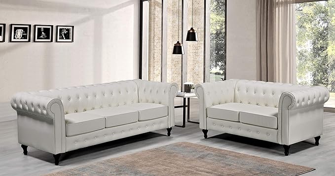 US Pride Furniture Soft Elegant Cream White Faux Leather Tight Back Rolled Arm Living Room 3 PC with Removable Cushion & Solid Wood Legs(incomplete loveseat only)