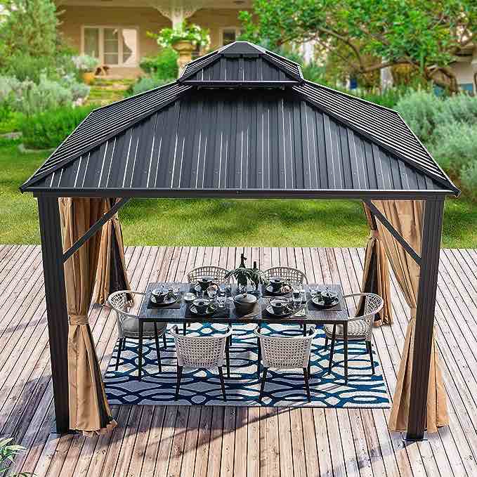 YITAHOME 10x10ft Gazebo Double Roof Canopy with Netting and Curtains, Outdoor Gazebo 2-Tier Hardtop Galvanized Iron Aluminum Frame Garden Tent for Patio, Backyard, Deck and Lawns(incomplete box 1)
