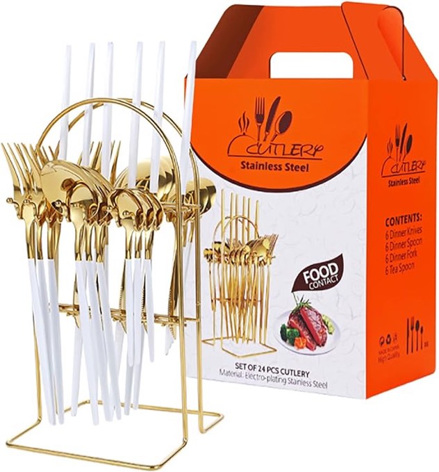 24 Piece Stainless Steel Cutlery Set with Cutlery Rack Hanging Cutlery Set with Stand