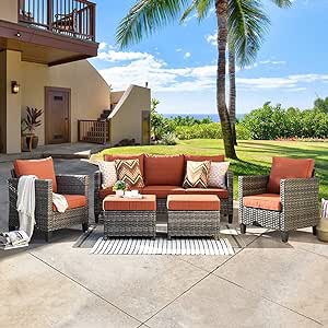 XIZZI Patio Furniture Sets Outdoor Conversation Set 5 Piece All Weather Wicker Sofa Sectional with Ottomans and 2 Pillows for Garden Backyard Deck,Grey Wicker Orange Red(incomplete box 1/2)