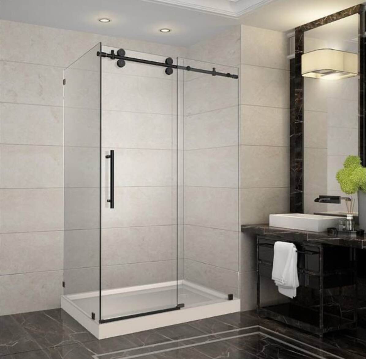 Langham 48 in. x 35 in. x 77.5 in. Completely Frameless Sliding Shower Enclosure in Oil Rubbed Bronze with Right Base