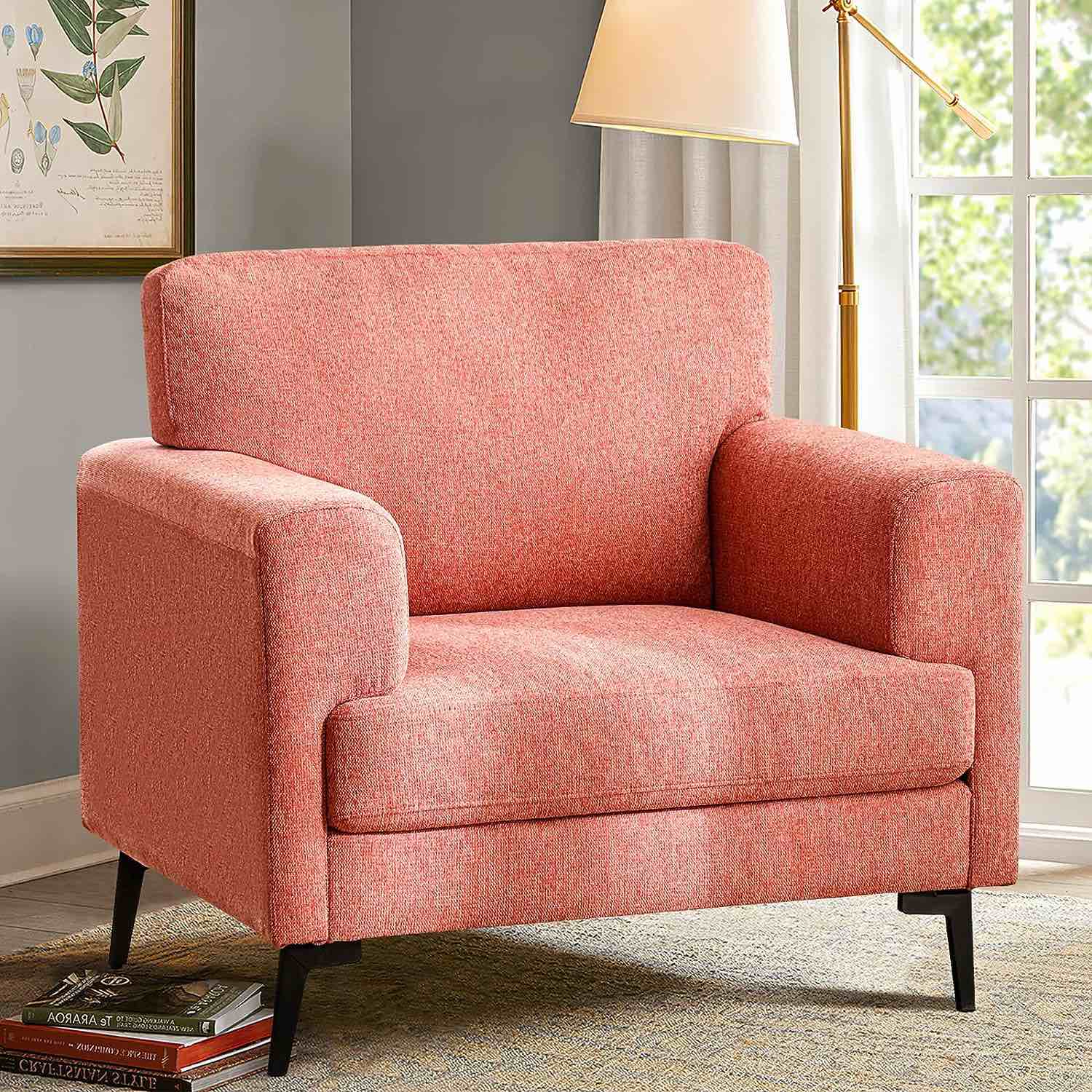 CDCASA Accent Chair, Linen Fabric Oversized Mid Century Modern Chair pink (2 boxes for pickup)