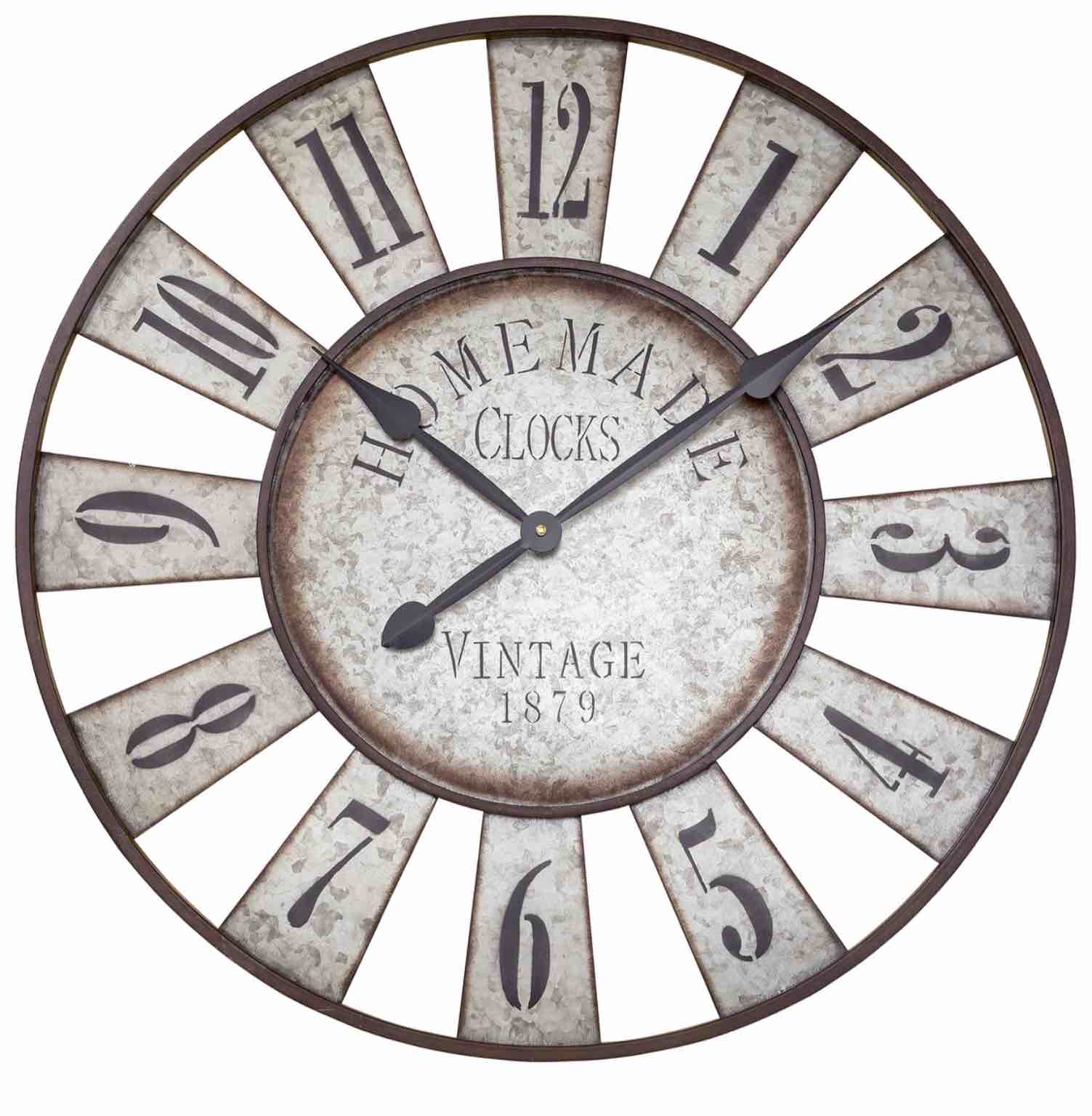 Iconic Farm Fair Game Wheel Clock, Vintage, Analog, Galvanized Metal, Quartz Movement, Over Sized Rustic Round, Over 2 Ft