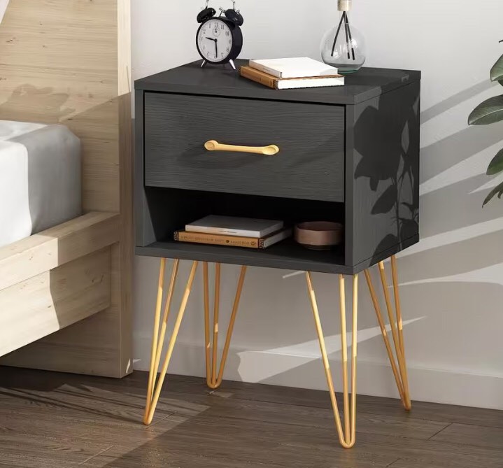 1-Drawer Black Nightstands with Metal Legs and Open Shelf Side Table BedSide Table 23.6 in. H x 15.7 in. W x 11.8 in. D